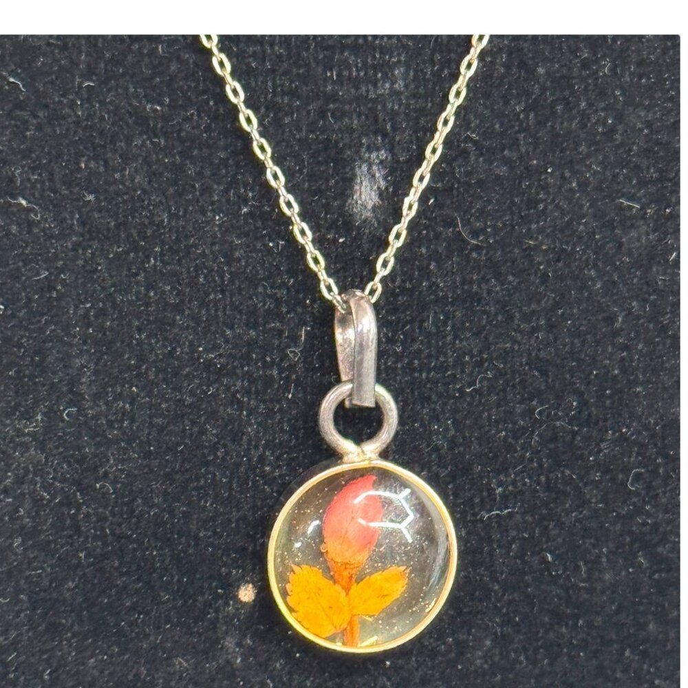 Sterling Silver 925 Necklace Resin Pendant Encased Pressed Autumn Fall Leaves